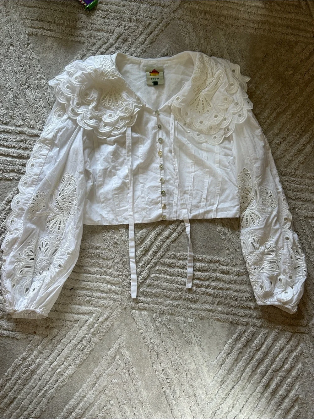 FARM Rio White Eyelet Lace Cropped Blouse with Scalloped Collar